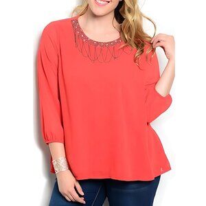 C.O.C. Ladies Womens Top Embellished-Beaded-Neck Red Size 1XL  NWT
